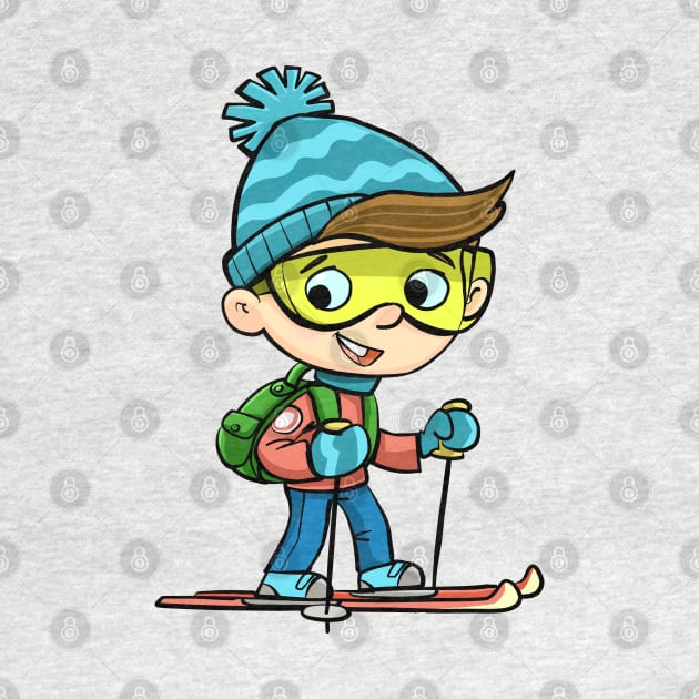 boy in winter gear on skis and a backpack on his back by duxpavlic